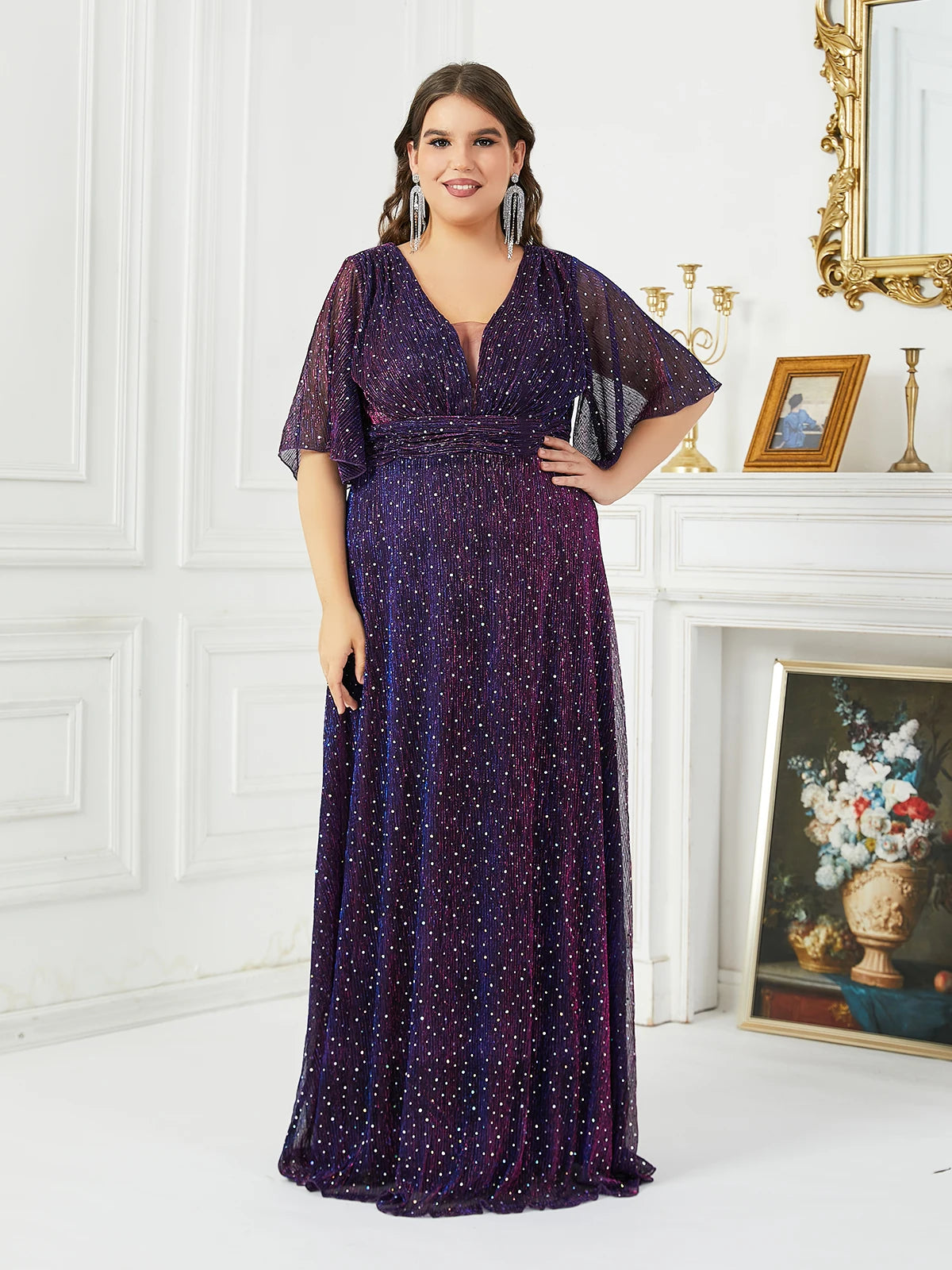 Wedding Bridesmaid Dresses For Plus Size Female Fashion Butterfly Sleeve Glitter Party Dresses New Large Size Women Summer Dress