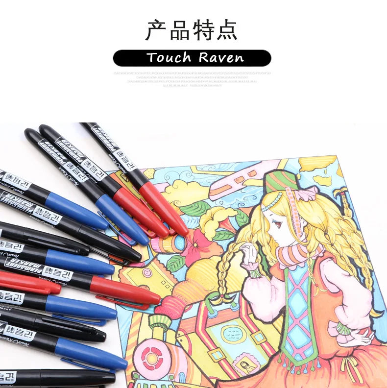 6 PCS Permanent Marker Pen Manga Drawing Markers Black Blue Red Waterproof Ink Sketch Pens Stationery Art School Supplies