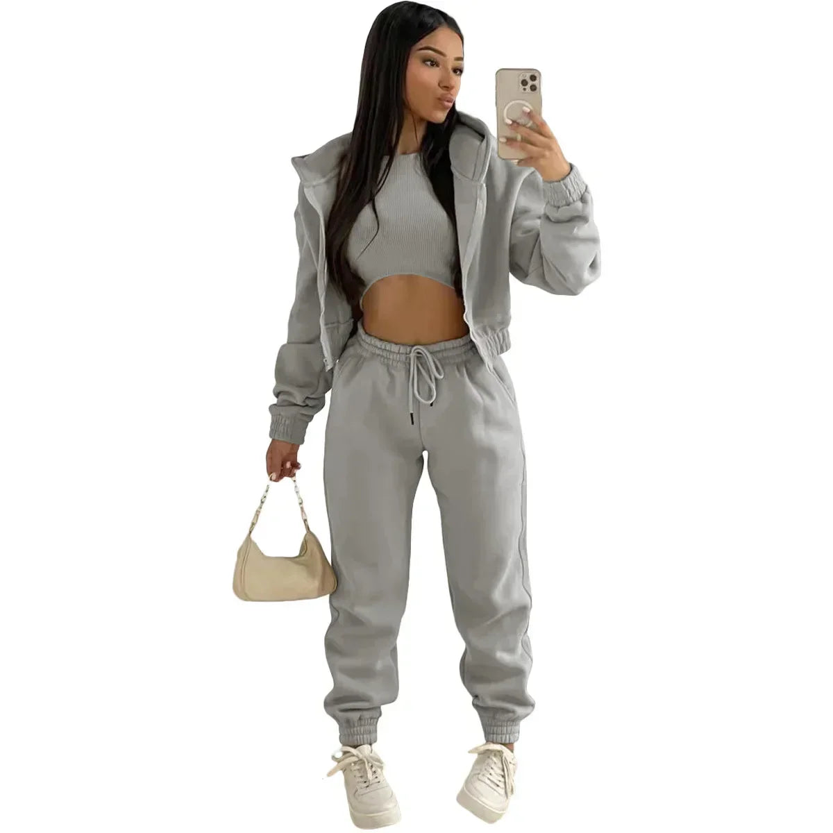 3pcs Women's Clothing Set Fleece-lined Hooded Sweater &Sleeveless Tank Top & Sports Sweatpants Pants Viralgem Store
