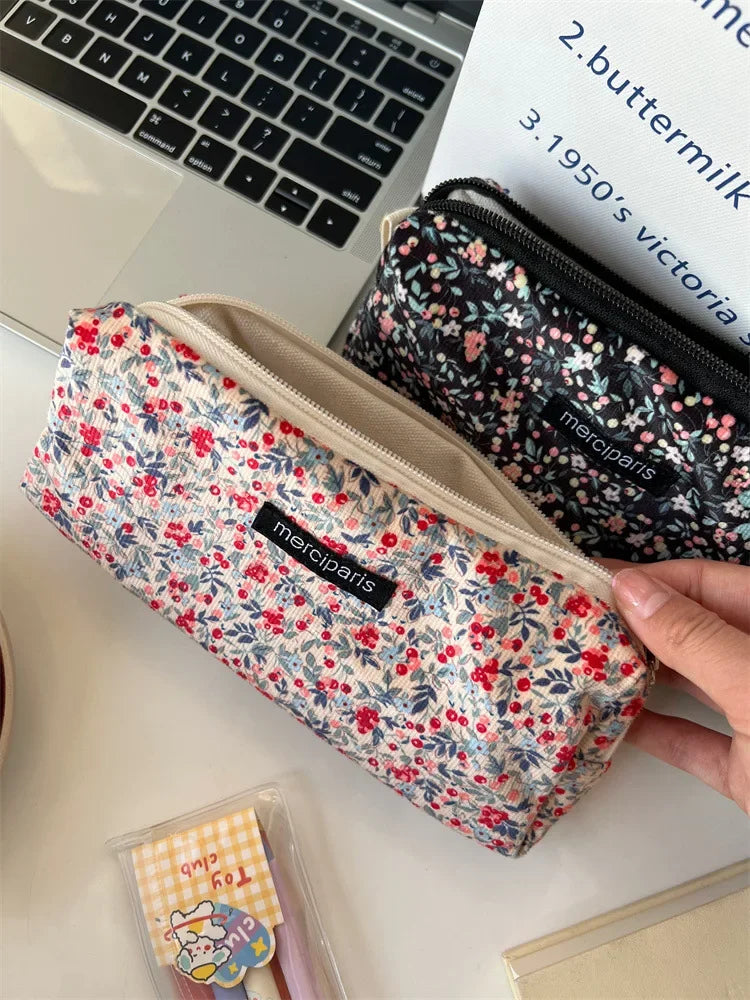 Women Flower Cosmetic Bags Girl Pencil Case Embroidery Student Korean Kawaii Cases for Girls Make Up Brush Storage Pouch