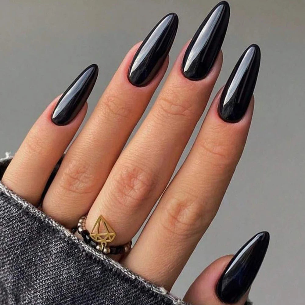 100Pcs Almond Press on Nails Medium Length Fake Nails Black Matte Almond False Nail Tips Artificial Fingernail Extend Fake Nails