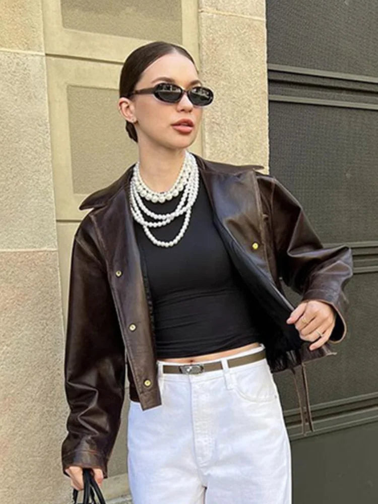 Vintage Cropped Distressed Leather Jacket For Women Chic Lapel Single Breasted Lace Up Coat Autumn Lady New Chic Streetwear 2024