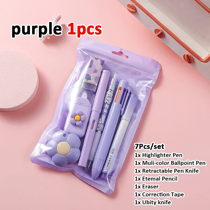 7-in-1 Stationery Set Birthday Present Back to School Gift Pencil Eraser Students Prize School Office Correction Tape Kids