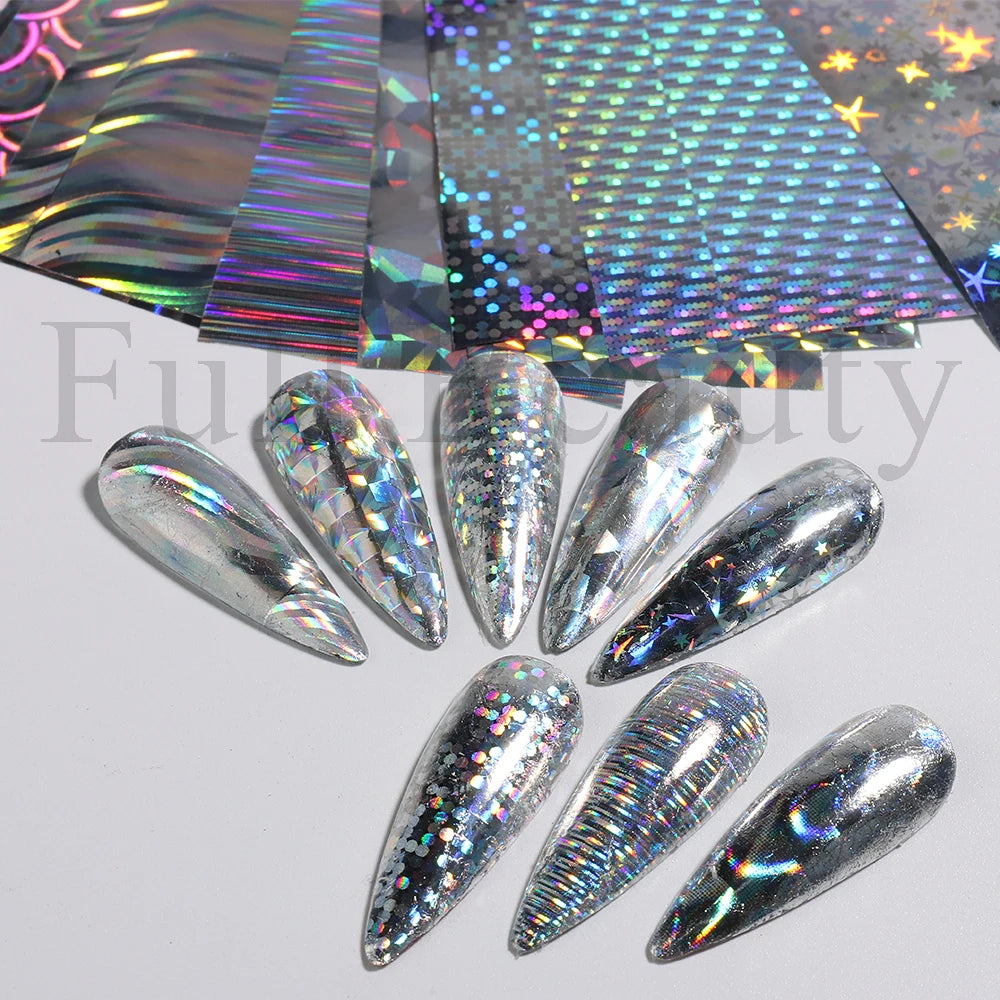 10Pcs Hologram Transfer Foil Nails Laser Stars Holographic Nail Stickers Mermaid Tail Sliders Metallic Gel Polish Wraps NLXKY01