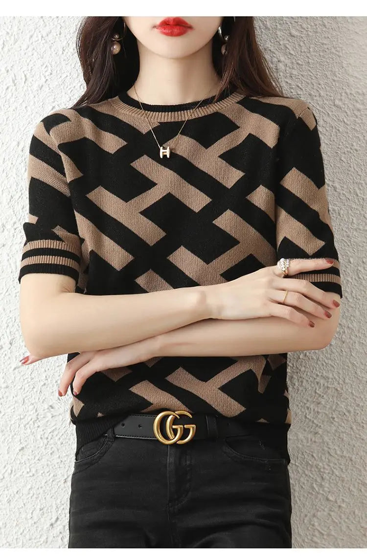 Spring Summer Knitted Top Classical Letter T-Shirt Short Sleeve Tee Korean Fashion Woman Blouse 2024 Cheap Women's Clothing Chic