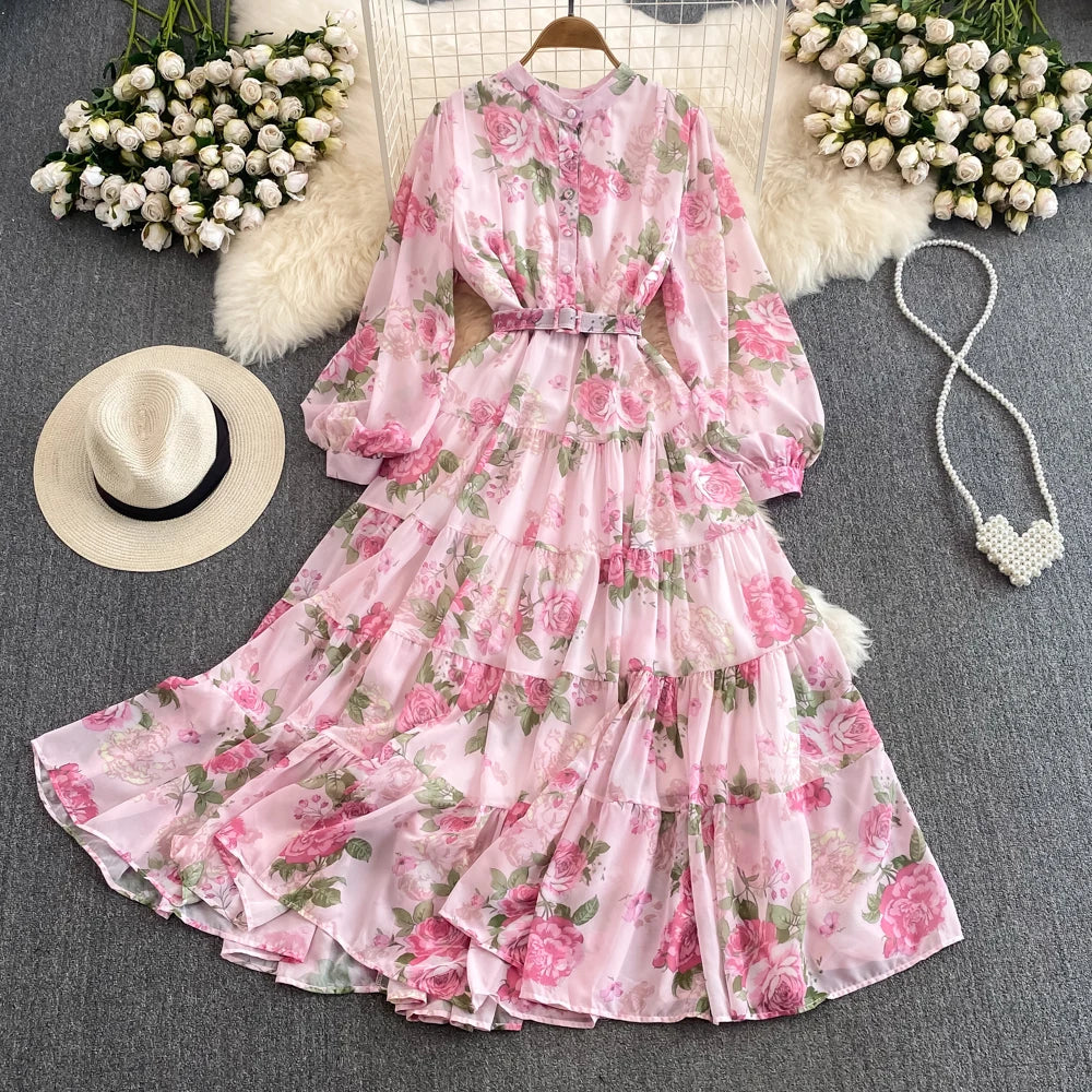 Spring Autumn Women Floral Chiffon Long Dress Vintage Purple/Pink/Black/Beige Stand Collar Single Breasted Maxi Robe Elegant New Viralgem Store