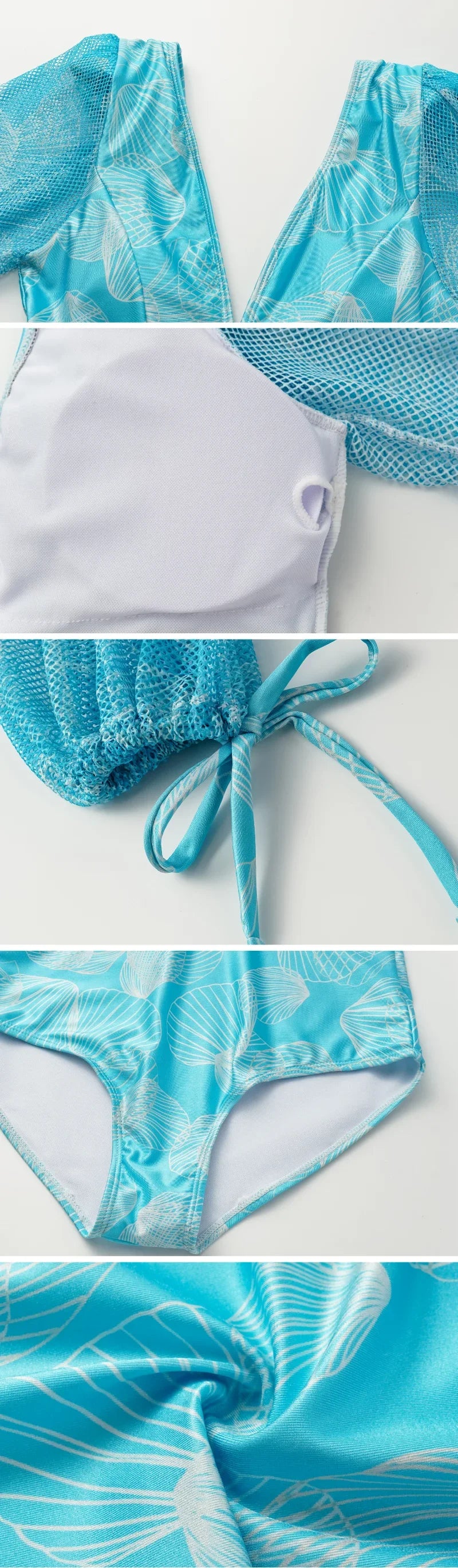 2024 V Neck Shell Print Decor Long Sleeve One Piece Swimsuit and Skirt  Clearance Wholesale Bodysuit Dress