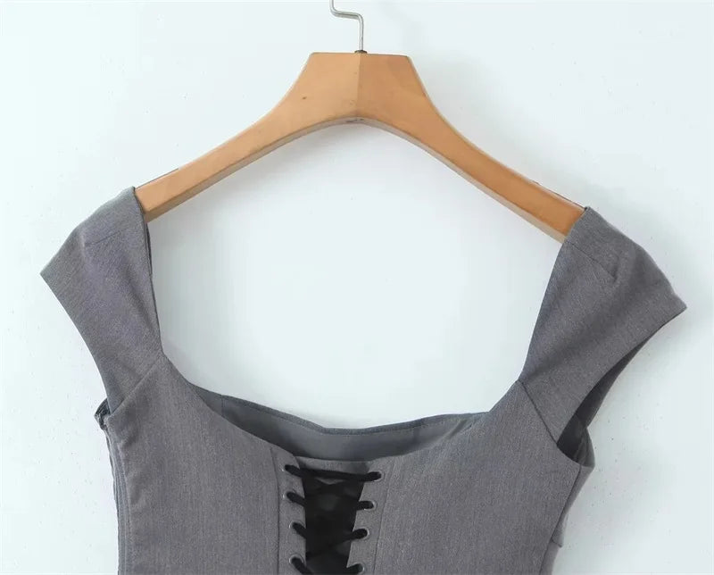 Women Square Neck Rowena Grey Lace Back Corset