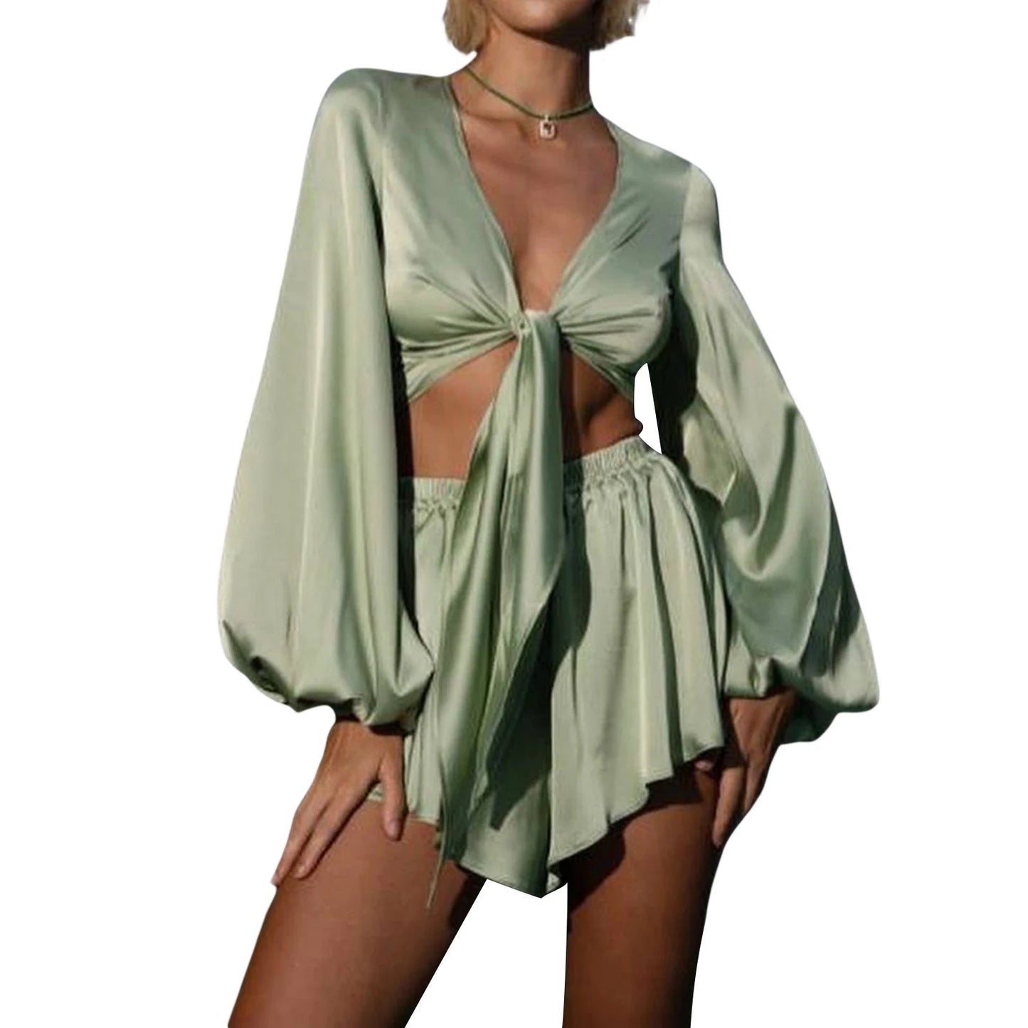 Women s Two Piece Outfits Low Cut Tie Front Pajamas Set Summer Long Sleeve Shorts Loungewear Set Viralgem Store
