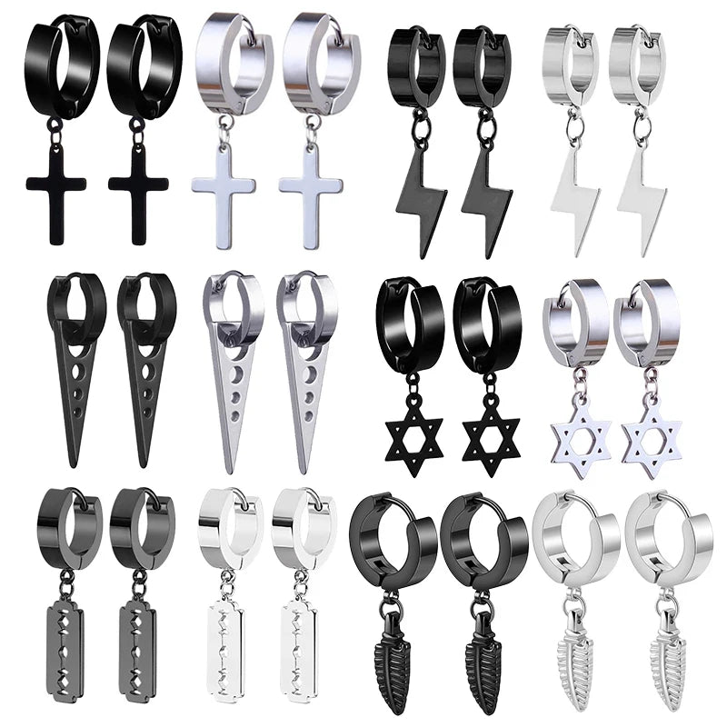 2pc Stainless Steel Cross Ear Earrings for Men and Women Punk Black Cartilage Earrings Round Street Hip Hop Rock Jewelry Gifts