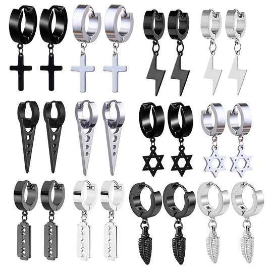 2pc Stainless Steel Cross Ear Earrings for Men and Women Punk Black Cartilage Earrings Round Street Hip Hop Rock Jewelry Gifts