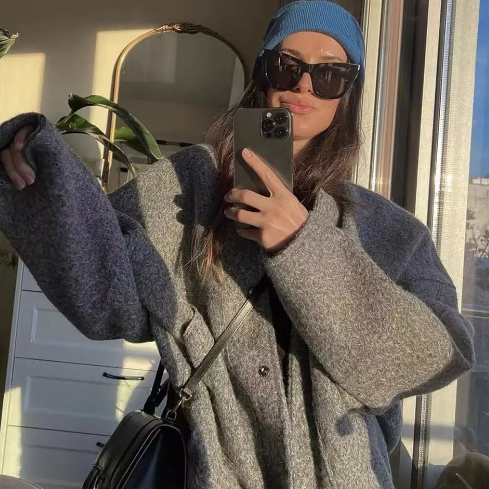 2023 Women Fashion With Pockets Oversized Bomber Jacket Coat Vintage Long Sleeve Snap Button Female