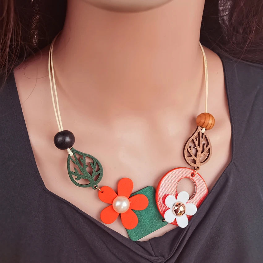 Vintage Ethnic Geometric Wooden Bib Necklace Women Wood Leaves Flower Collar Handmade Adjustable Choker Long Necklaces Pendants Viralgem Store