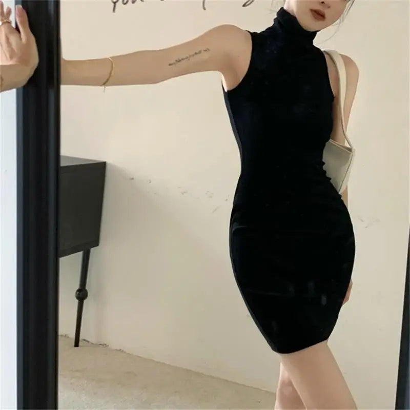 Summer Sexy High Neck Tight Dress Oversleeve Pleated Bottom Wrapped Hip Dress Women Bodycon Viralgem Store