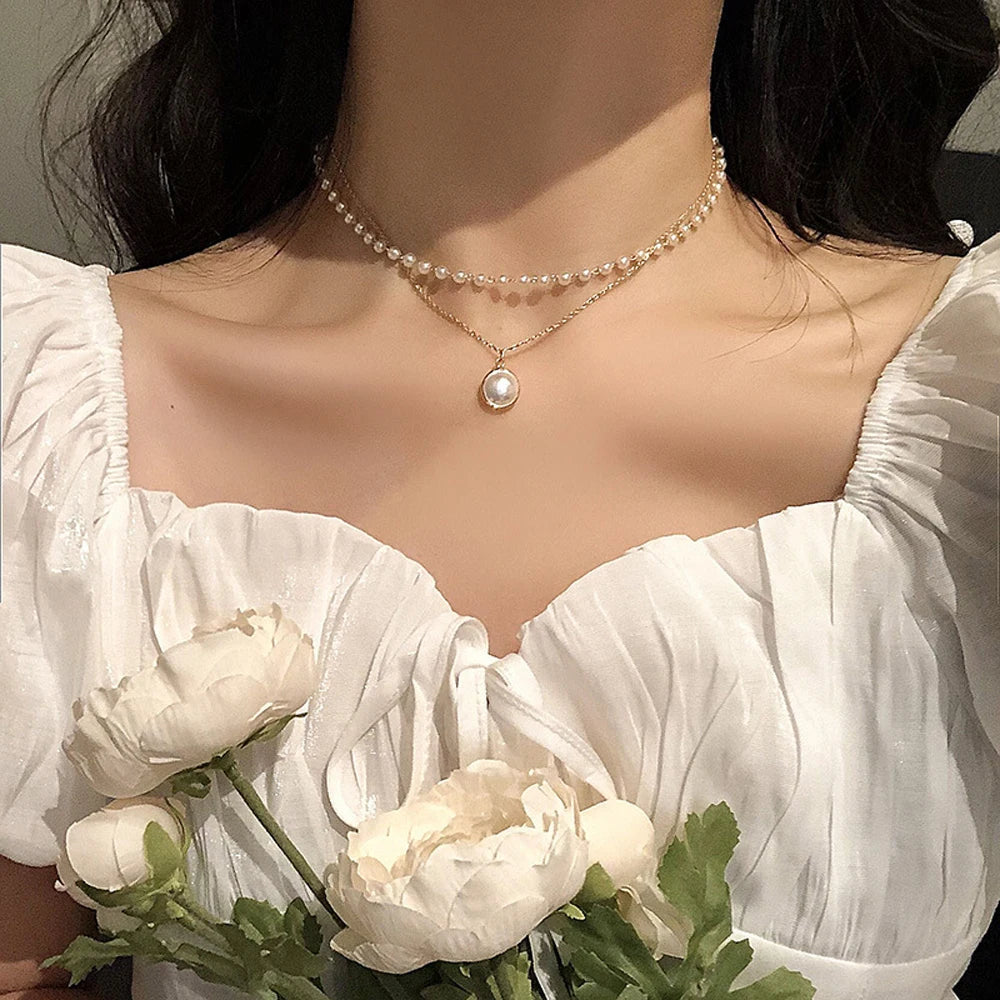 2023 New Fashion Kpop Pearl Choker Necklace Cute Double Layer Chain Pendant For Women Jewelry Girl Gift A0396 Viralgem Store