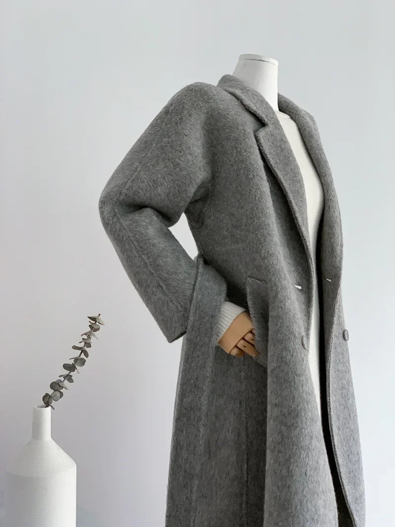 2024 Autumn Winter Wool Coat Women Double-breasted Solid Color Women's Double-sided Woolen Belt Coats Loose Warm Wool Jacket