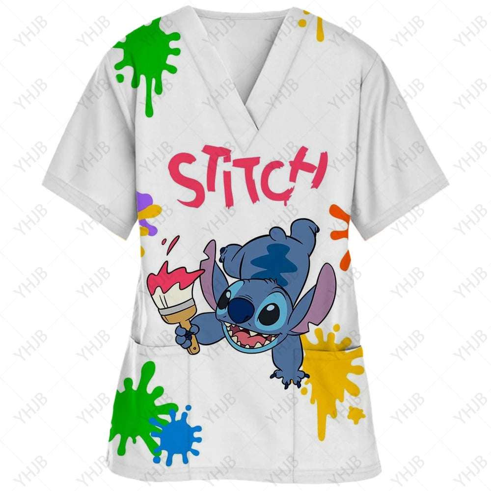 Top Women 2024 Minnie Mouse Tops Disney T Shirt Pocket T-shirts Hospital T-shirt Summer Nurse Uniform Woman Clothes Mickey Tees