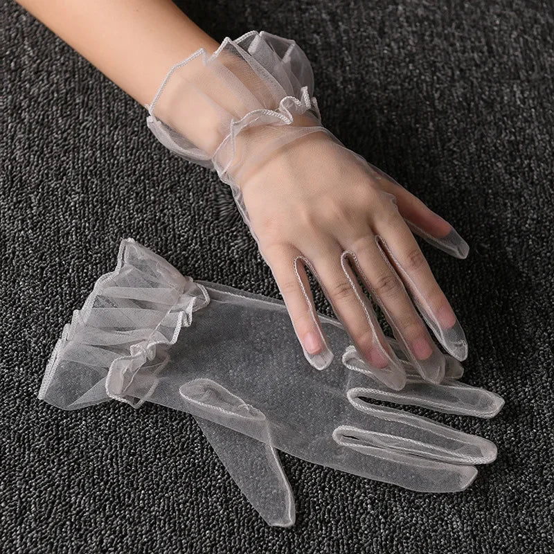 Women Short Tulle Gloves Sexy Lace Mittens Tulle Full Finger Gloves Lady Driving Glove Transparent Mittens Wedding Bridal Gloves