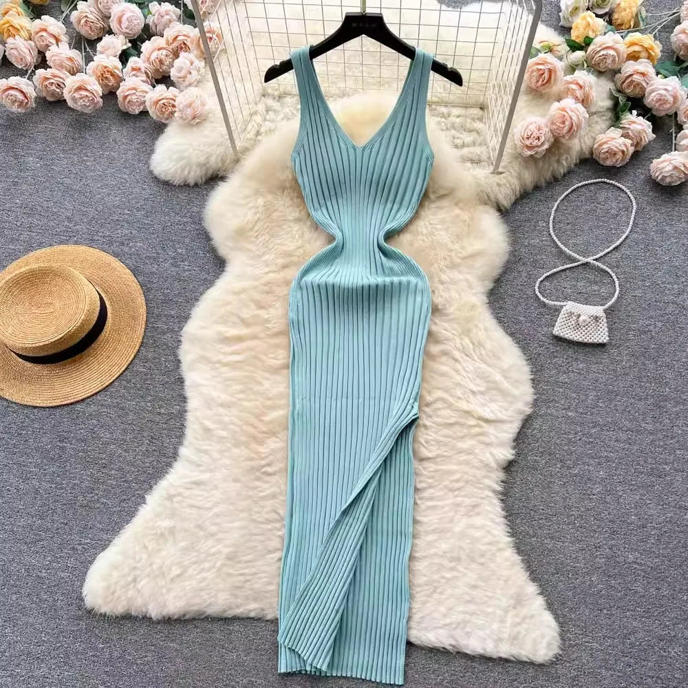 Women V Neck Solid Ribben Knitted Dresses Casual All Match Slimple Sexy Package Hips Bodycon Dress Elegant Vestidos Streetwear Viralgem Store