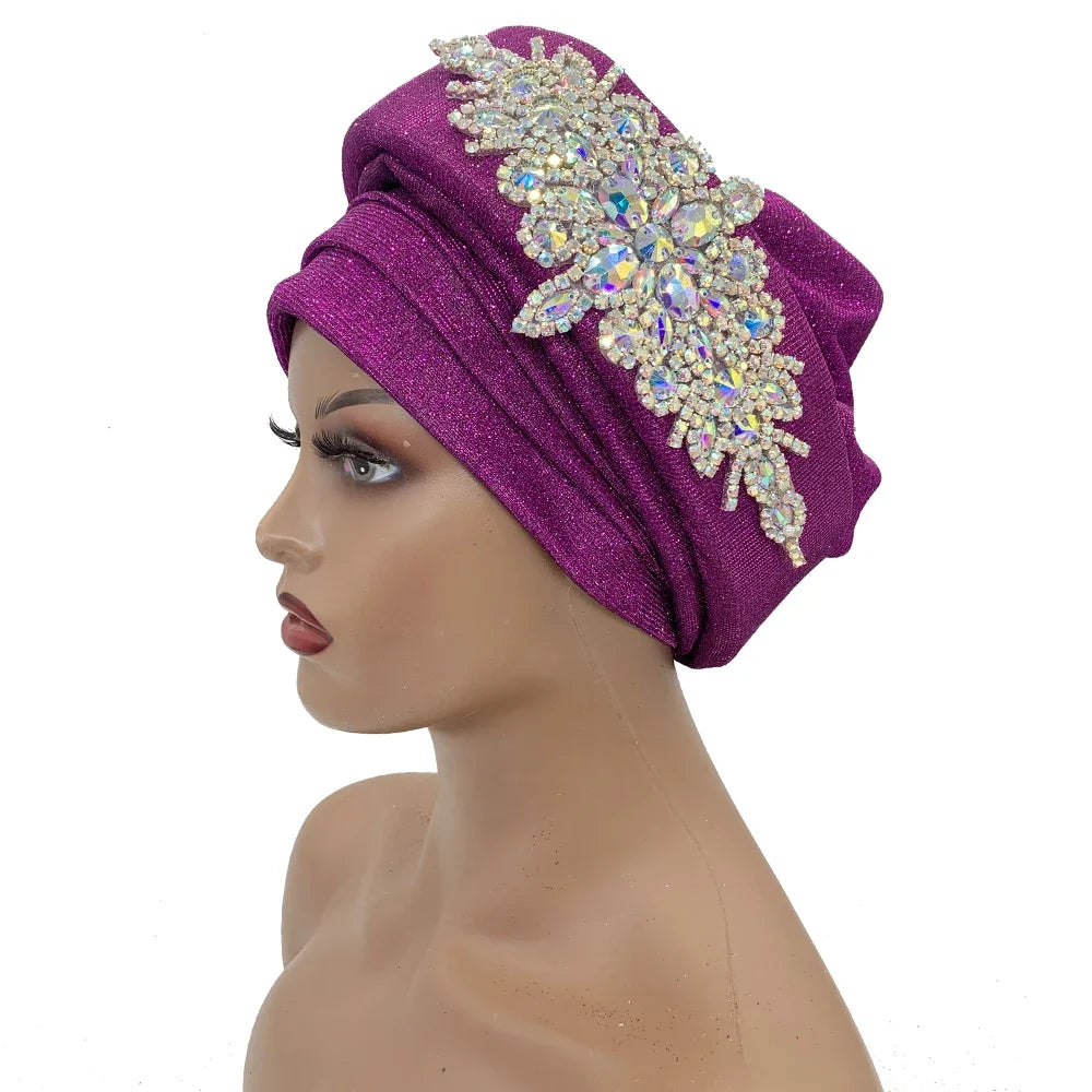 African Wrap Head Headgear Nigeria Auto Gele Headtie Turbante Mujer Luxury Rhinestone Turban Hat for Women Glitter