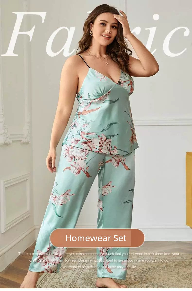 100.00kg Plus Size Ladies Plus Size Ice Silk Pajamas Fat Women plus Size Pajamas Set 2pcs 5x