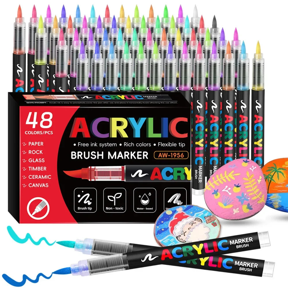 12-48 Color Acrylic Marker Pen Set Waterproof Scrapbook DIY Brush Tip Drawing Paint Marker Art School Supplies Stationery