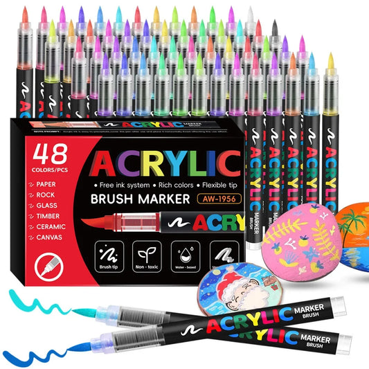 12-48 Color Acrylic Marker Pen Set Waterproof Scrapbook DIY Brush Tip Drawing Paint Marker Art School Supplies Stationery
