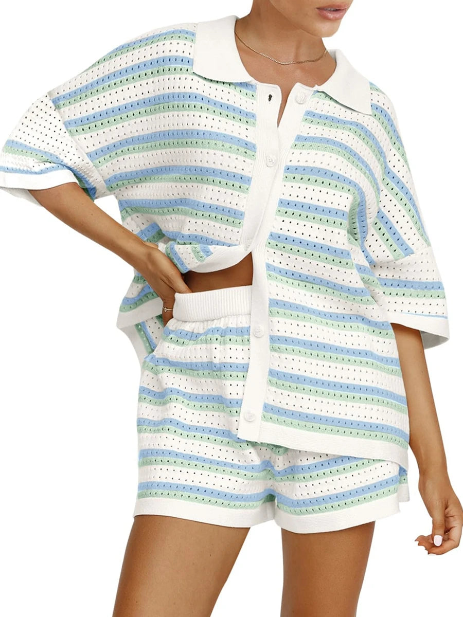 Womens Short Sleeve Striped Pajama Sets 2 Pieces Loungewear Color Block Crochet Knit Button Top and Shorts Lounge Sets Sleepwear Viralgem Store