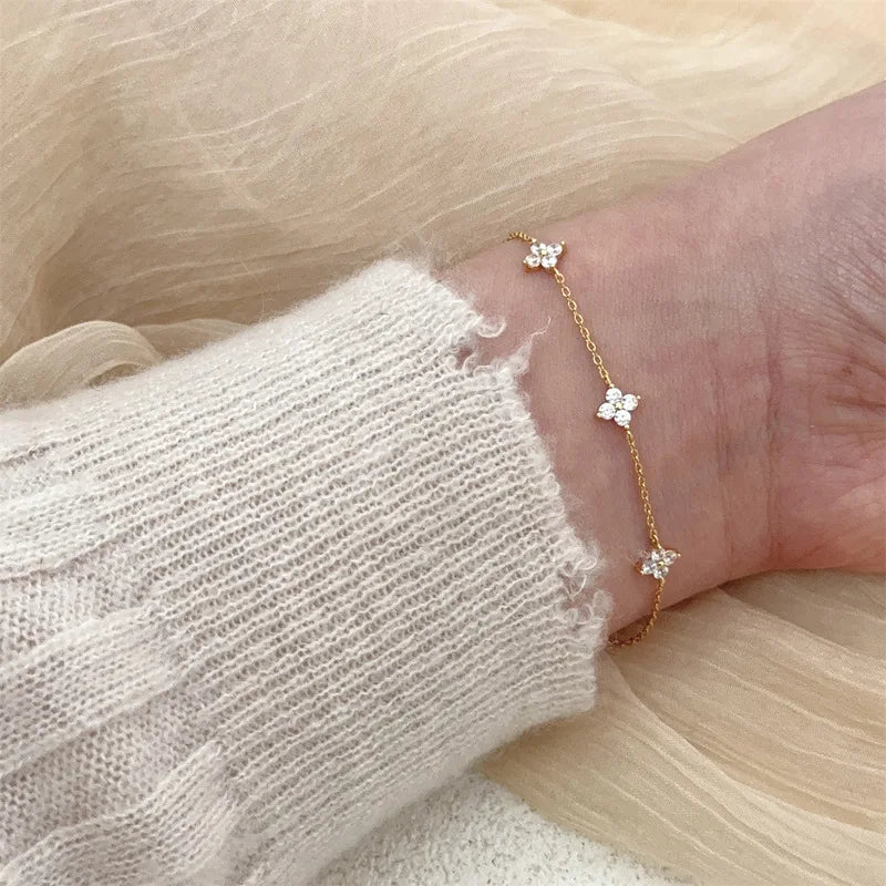 925 Silver Plated Cz Four-leaf Flower Bracelet for Women Girl Cute Dainty Adjustable Link Chain Bracelet Trend 18k Gold Jewelry