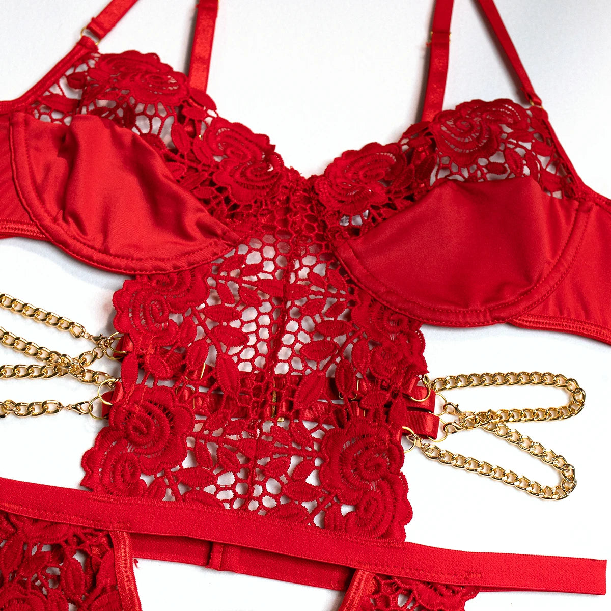 Yimunancy 2-Piece Flroal Lace Erotic Set Women Cut Out  Fashion Chain Decorated Lingerie Set Sexy Brief Kit Viralgem Store