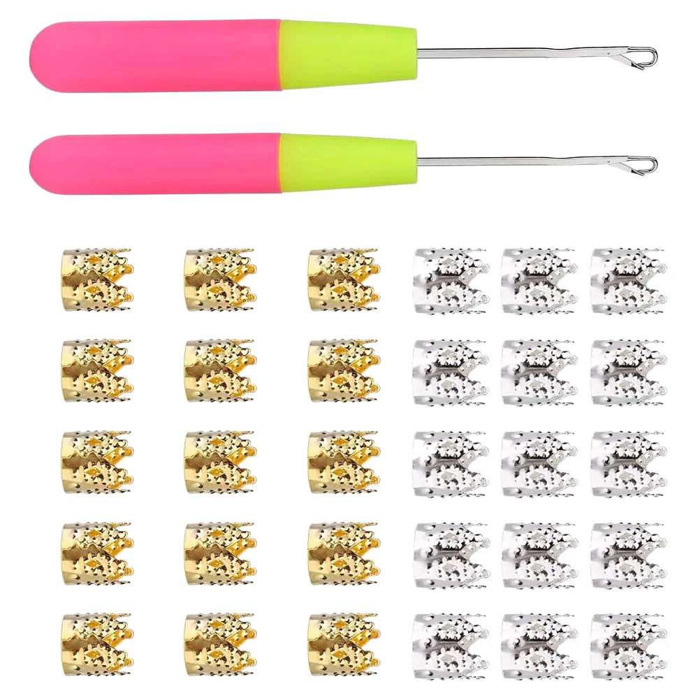 32 Pcs Crown Hair Buckle Set Dreadlocks Kit Braid Needle Crochet Buckles Ring Decors Metal Tool