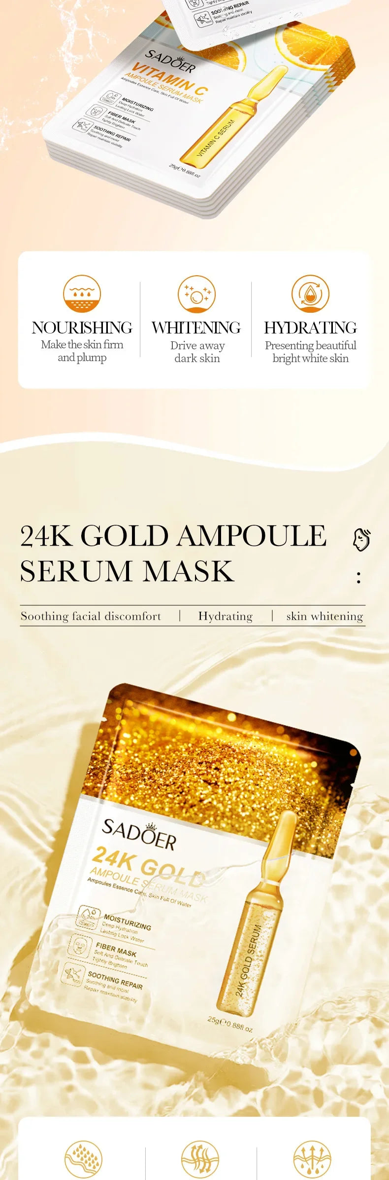 15pcs 24K Gold Hyaluronic Acid Face Mask Facial Firming Moisturizing Anti Wrinkle Whitening Facial Masks Skin Care Products