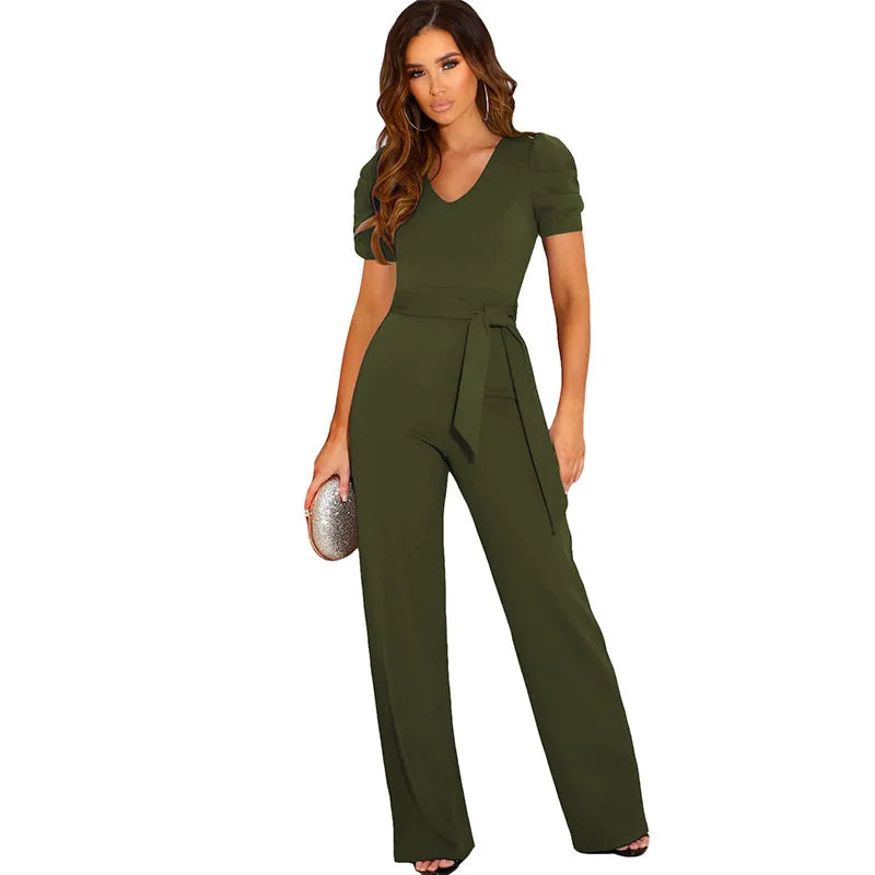 2024 Summer New Style Strap Waist Wrapped jumpsuit Women's Solid Color V-neck Short Sleeve Wide Leg Long Pants