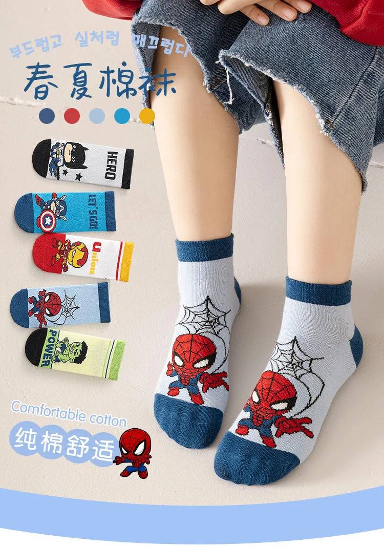5 Pairs Spiderman Cotton Children's Socks iron Man Hulk Thor Anime kids Boys Short Socks Cartoon Baby Spring Summer Sock Y