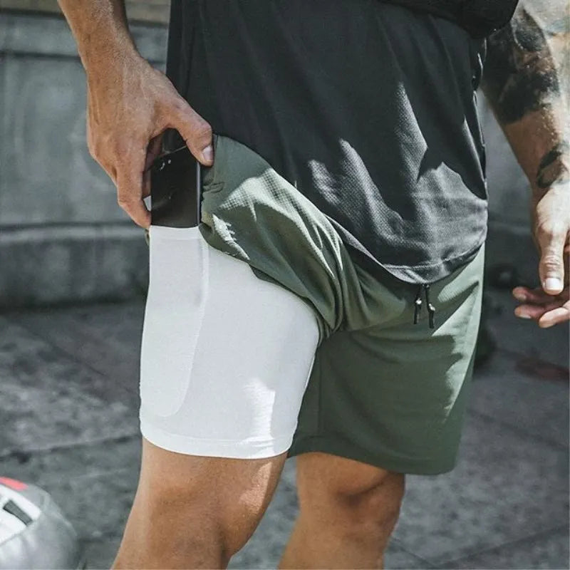 2024 European Men's Sports Summer New Double Layer Mobile Phone Pants Gym Exercise Jogging Training Shorts