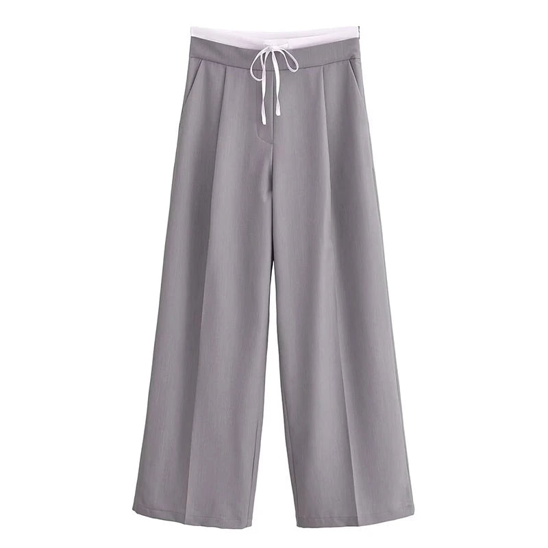YENKYE Women Adjustable Double High Elastic Waist Wide Leg Pants With Drawstring Female Office Wear Casual Trousers pantalones
