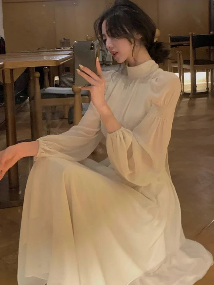 White Solid Vintage Party Midi Dress Women Puff Sleeve Slim Sweet Elegant Dress Ladies High-waisted French Style Chic Dress 2023 Viralgem Store