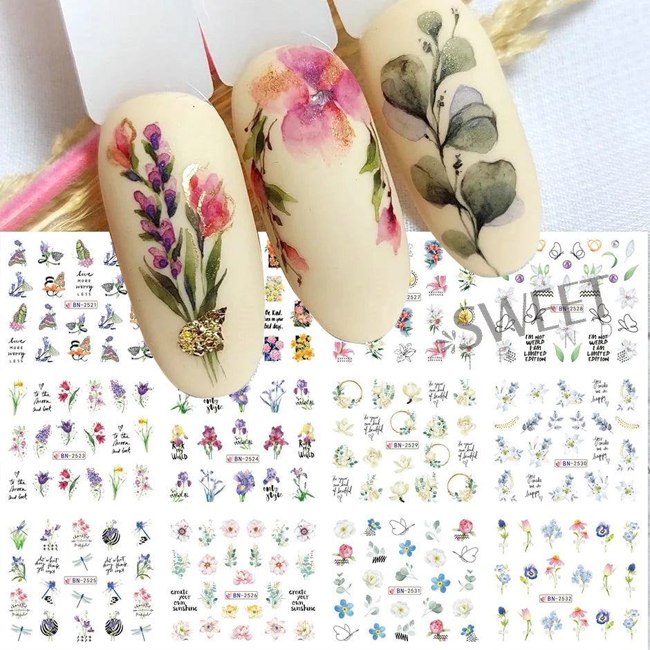 12 Design Floral Nail Art Stickers Water Decals Transfer Summer Painting Flower Leaf Rose Manicure Decoration Nail Sliders Wraps