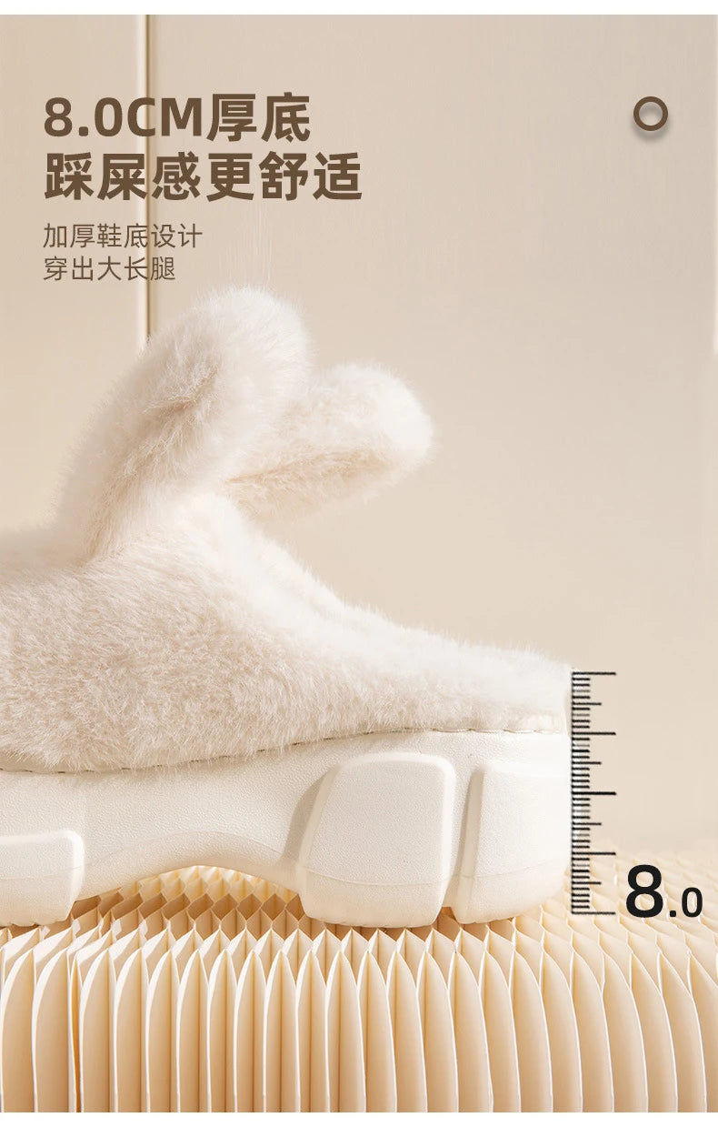 8 cm High platform fur slippers women's winter fluffy ear home shoes woman white bunny rabbit slippers woman house clog shoes