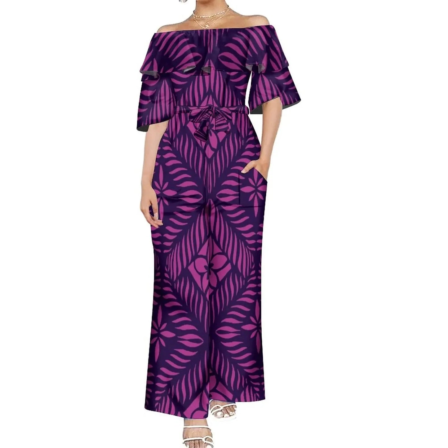 Drop Shipping Custom Polynesian Off Shoulder Frill Women One Piece Rompers Lace Up Oversized Jumpsuit With Belts Viralgem Store