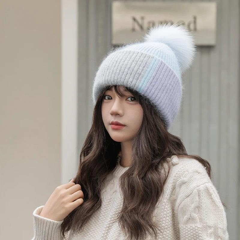 2024 New Rabbit Fur Beanies Soft Warm Fluffy fur pompom Winter Hat for Women Angora Knitted Hat Skullies Female Bonnet Knit Cap Viralgem Store