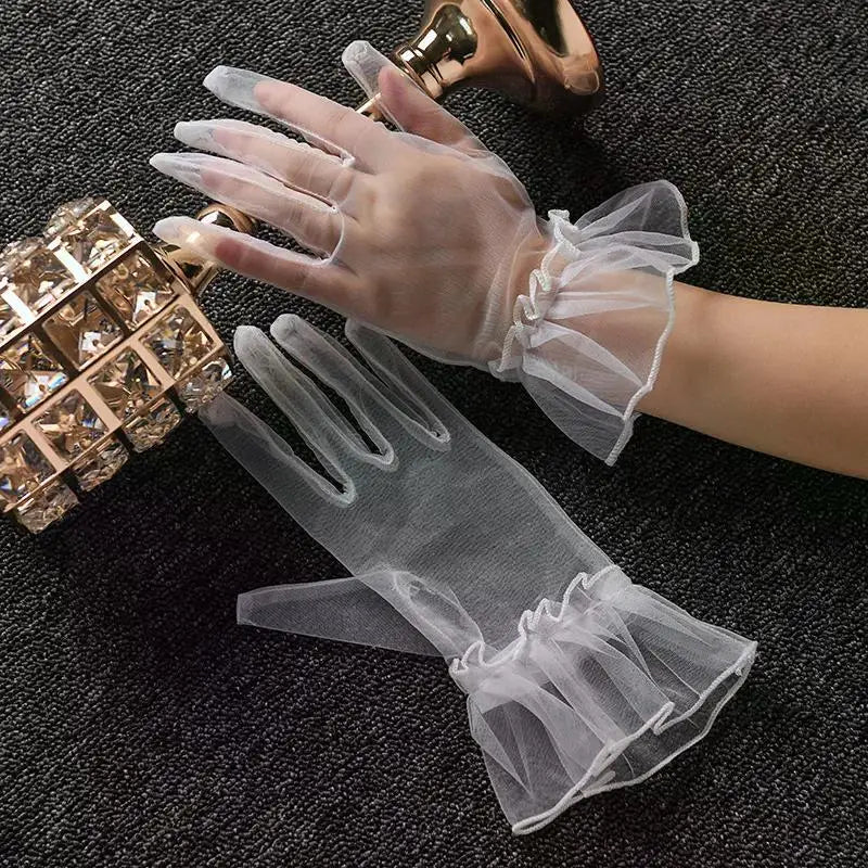 Women Short Tulle Gloves Sexy Lace Mittens Tulle Full Finger Gloves Lady Driving Glove Transparent Mittens Wedding Bridal Gloves