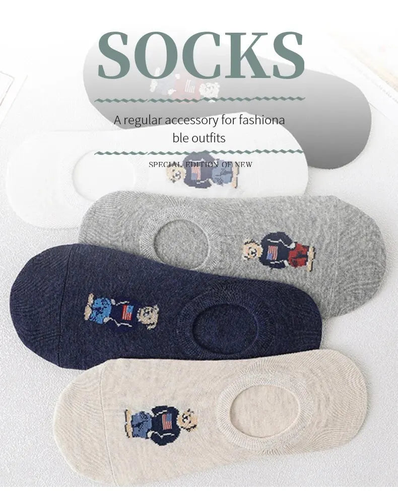 5 Pairs of Super Cute Bear Embroidered Cartoon Bear Boat Socks, Soft and Comfortable, Sweat Wicking and Versatile Short Socks