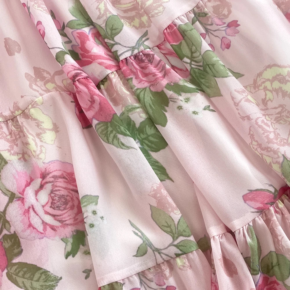 Spring Autumn Women Floral Chiffon Long Dress Vintage Purple/Pink/Black/Beige Stand Collar Single Breasted Maxi Robe Elegant New Viralgem Store