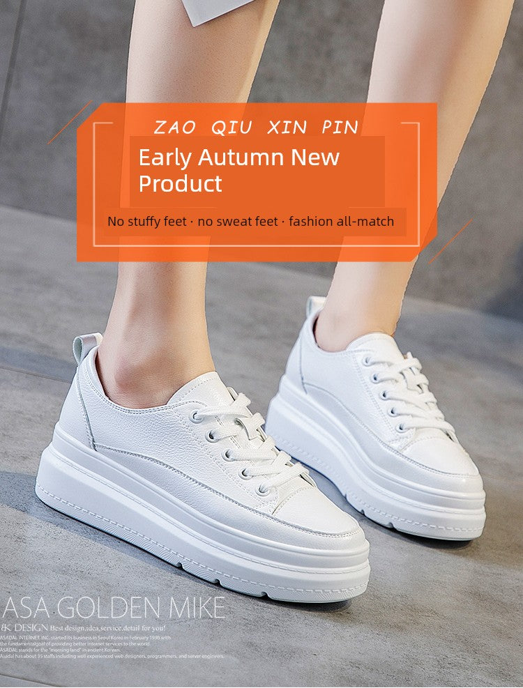 White Shoes Women's Spring New New Arrival Easiest for Match Breathable Thick Sole Ins Street Shooting Genuine Leather Elevator Casual Board Shoes Fashion