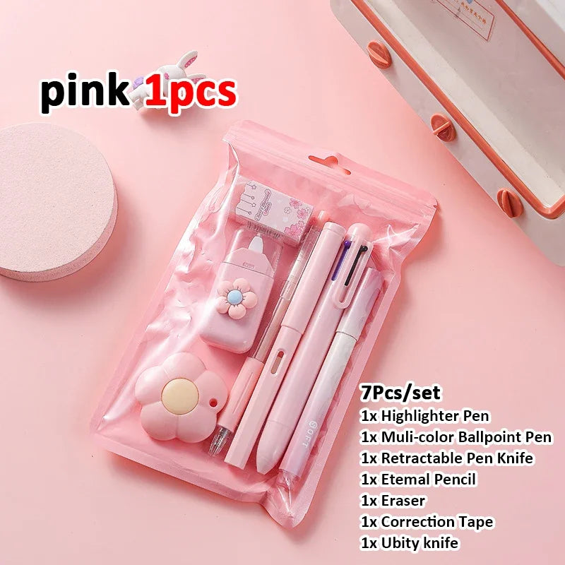 7-in-1 Stationery Set Birthday Present Back to School Gift Pencil Eraser Students Prize School Office Correction Tape Kids