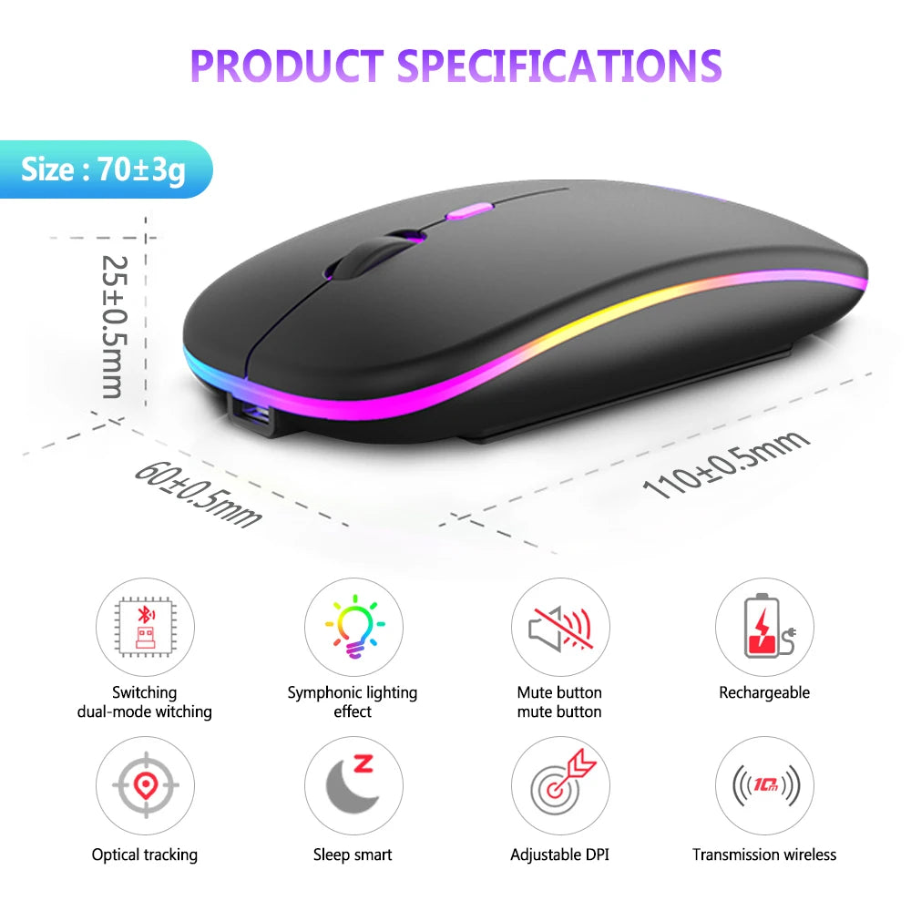 Wireless Mouse Bluetooth and 2.4GHz Dual Modes Rechargeable RGB Ergonomic Silent Click for PC iPad Laptop Cell Phone TV Viralgem Store