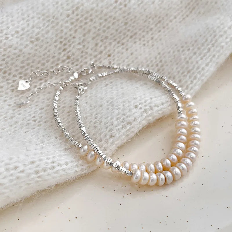 2024 New S925 Sterling Silver Double Layer Pearl Bracelet for Women Girl Design Bead Korean Jewelry Dropshipping Charm Bracelet