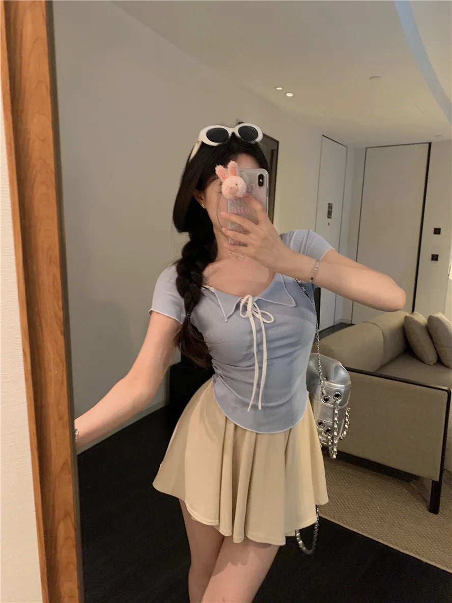 Sweet Spicy Girl Style Tie Straps V-neck Women's Knitted T-shirt Show Slim Figure Short Sleeved Tops Youth Elegant