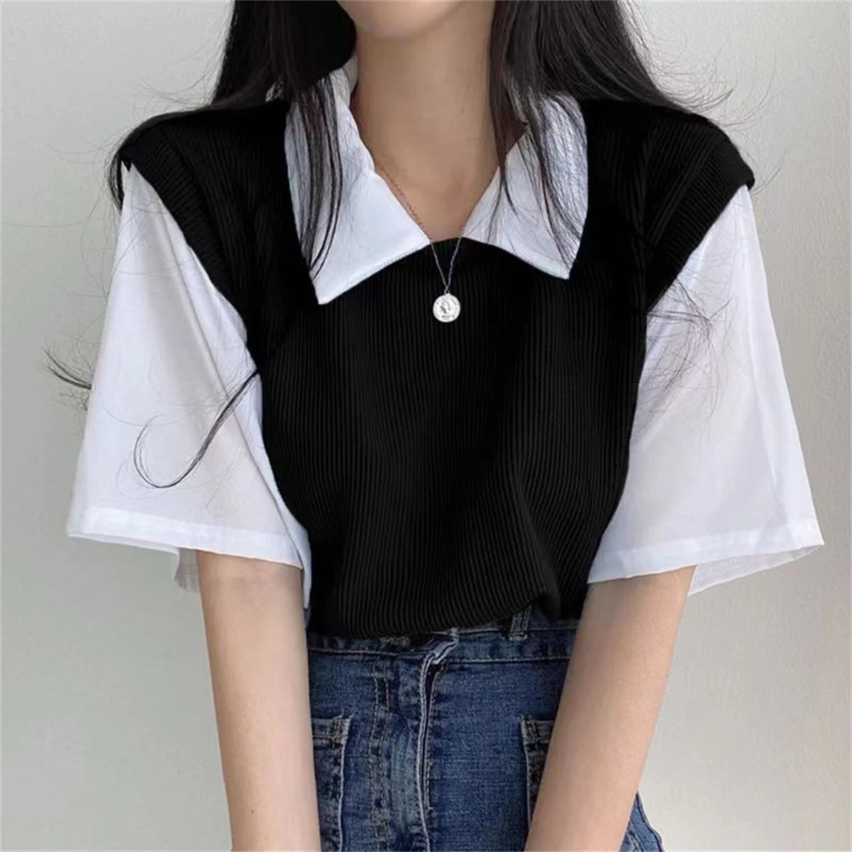 Summer Academy Style Color Blocking Polo Collar Top Fake Two-piece Short Sleeve T-shirt Women Lazy Loose Casual Versatile Blouse Viralgem Store